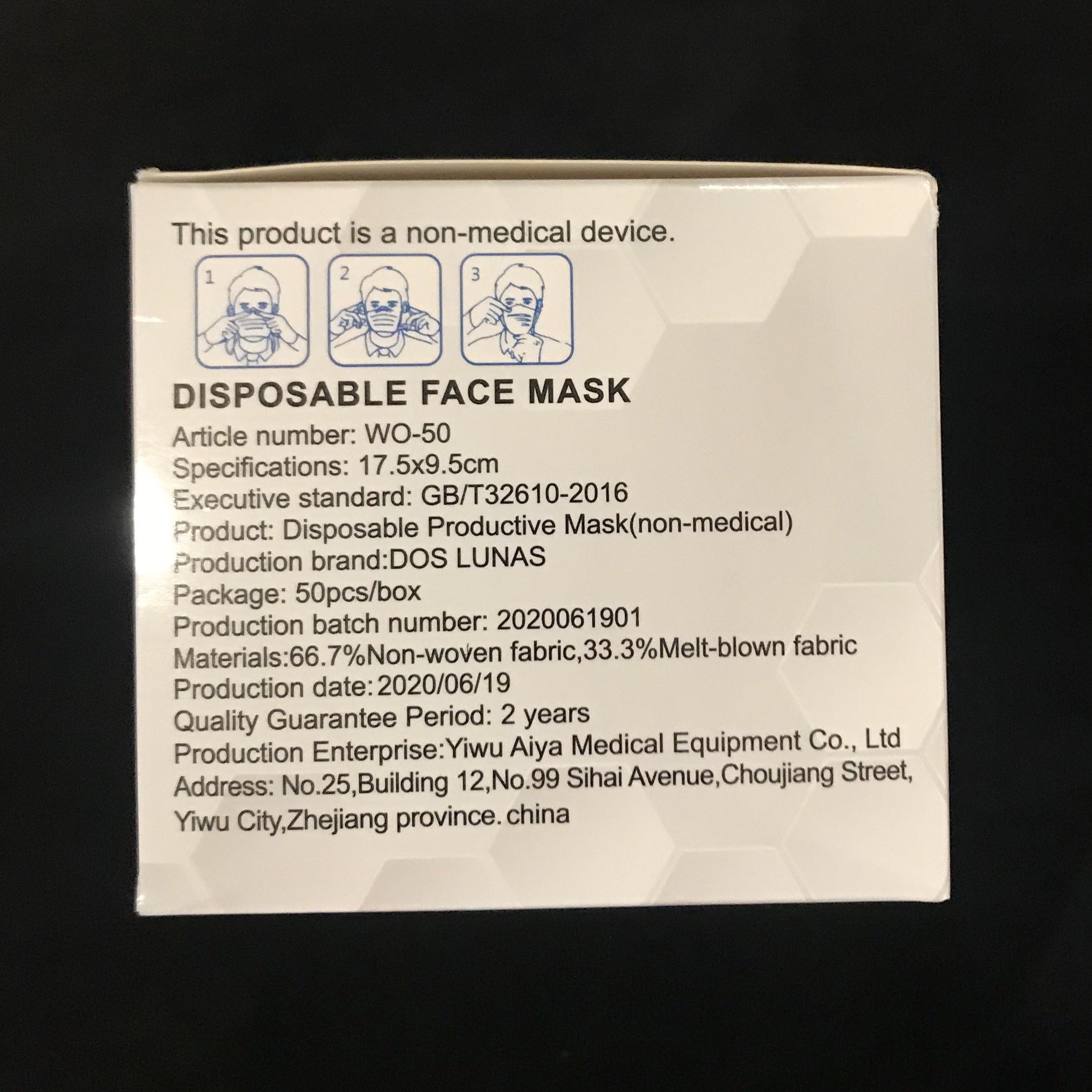Masque de protection 3 plis avec élastiques pour les oreilles - boîte de 50 